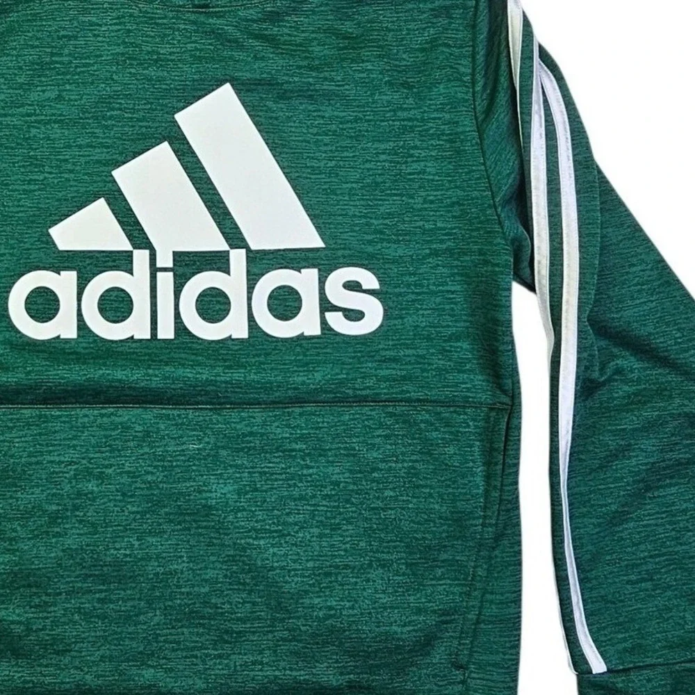 Adidas Boys XL 18/20 Green Heathered Pullover Hoodie 3-Stripe Logo Sweatshirt - Picture 5 of 11